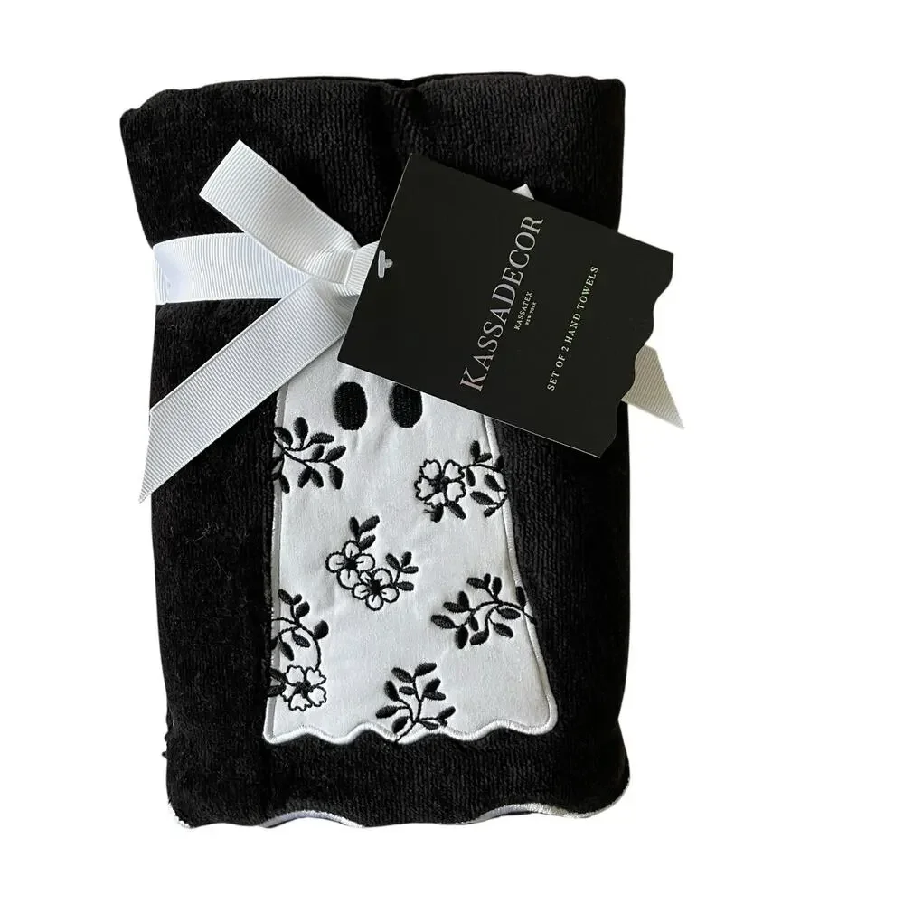Kassa Decor  Halloween Ghost Hand Towels 18x28 Plush Black & White Set of 2 New
